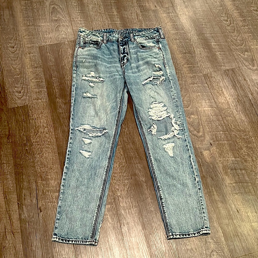 American Eagle Distressed Straight Leg Jeans - Size 10 - light/medium wash